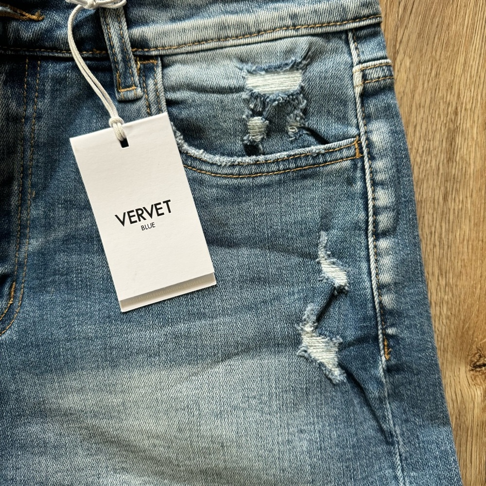VERVET BY FLYING MONKEY Rebecca Blue Jean Shorts Distressed Frayed Hem High Rise - Picture 2 of 16